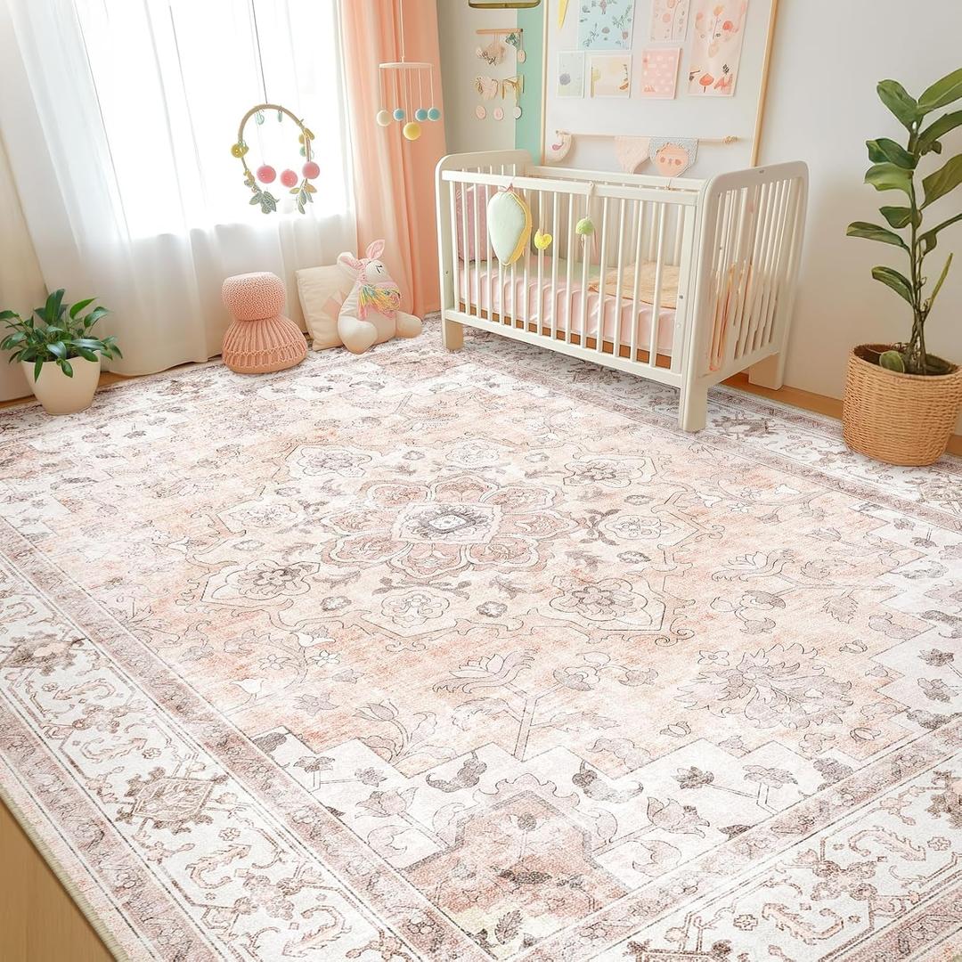 Machine Washable Rugs Nursery Rug 9'x12' Area Rugs Girl Non Slip Low Pile Water Repellent Soft Print Pattern for Bedroom Indoor Decor Kids Playroom Pink