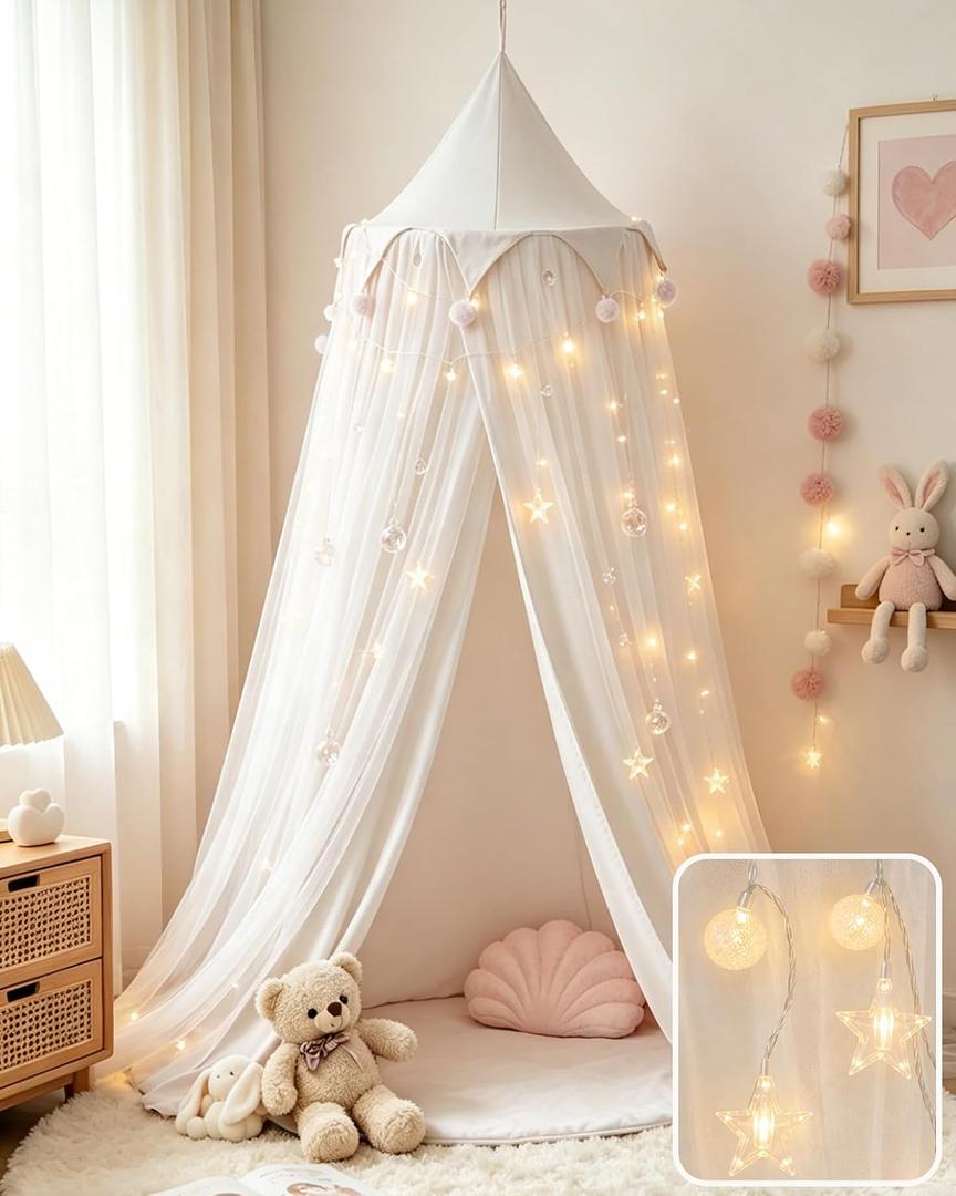 Princess Bed Canopy for Girls with Star Lights | Breathable double-layer canopy for girls room decor or reading nooks, White