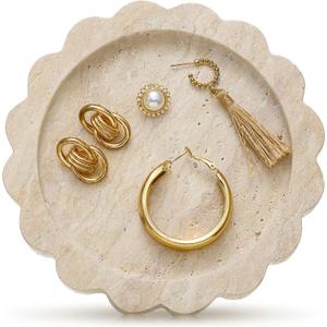 5.5 Inch Small Travertine Scallop Edge Stone Tray Decorative Marble Jewelry Dish Tray Gift(Round)
