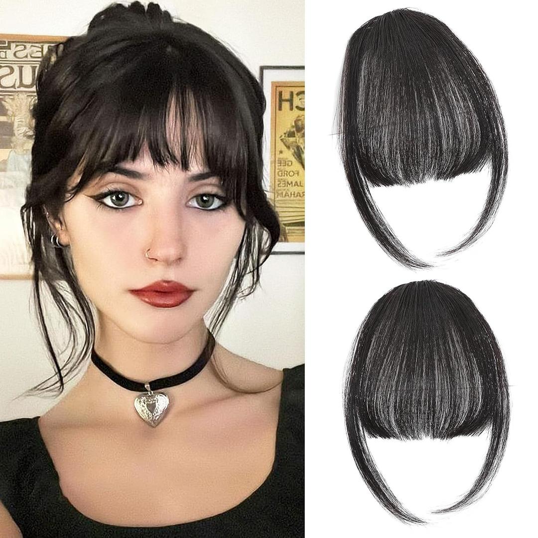 Clip in Bangs 100% Real Human Hair, Fake Bangs Hair Clip on Bang for Women, Natural Black Wispy Bang Fringe with Temples Hairpieces Extensions for Daily Wear (Natural Black, Wispy Bangs)