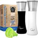 HOME EC Stainless Steel Salt and Pepper Grinder Set of 2 - Adjustable Ceramic Sea Salt Grinder & Pepper Grinder - Glass Salt and Pepper Shakers - Pepper Mill & Salt Mill W/Funnel - Black and White (2pk, Black/White Glass)