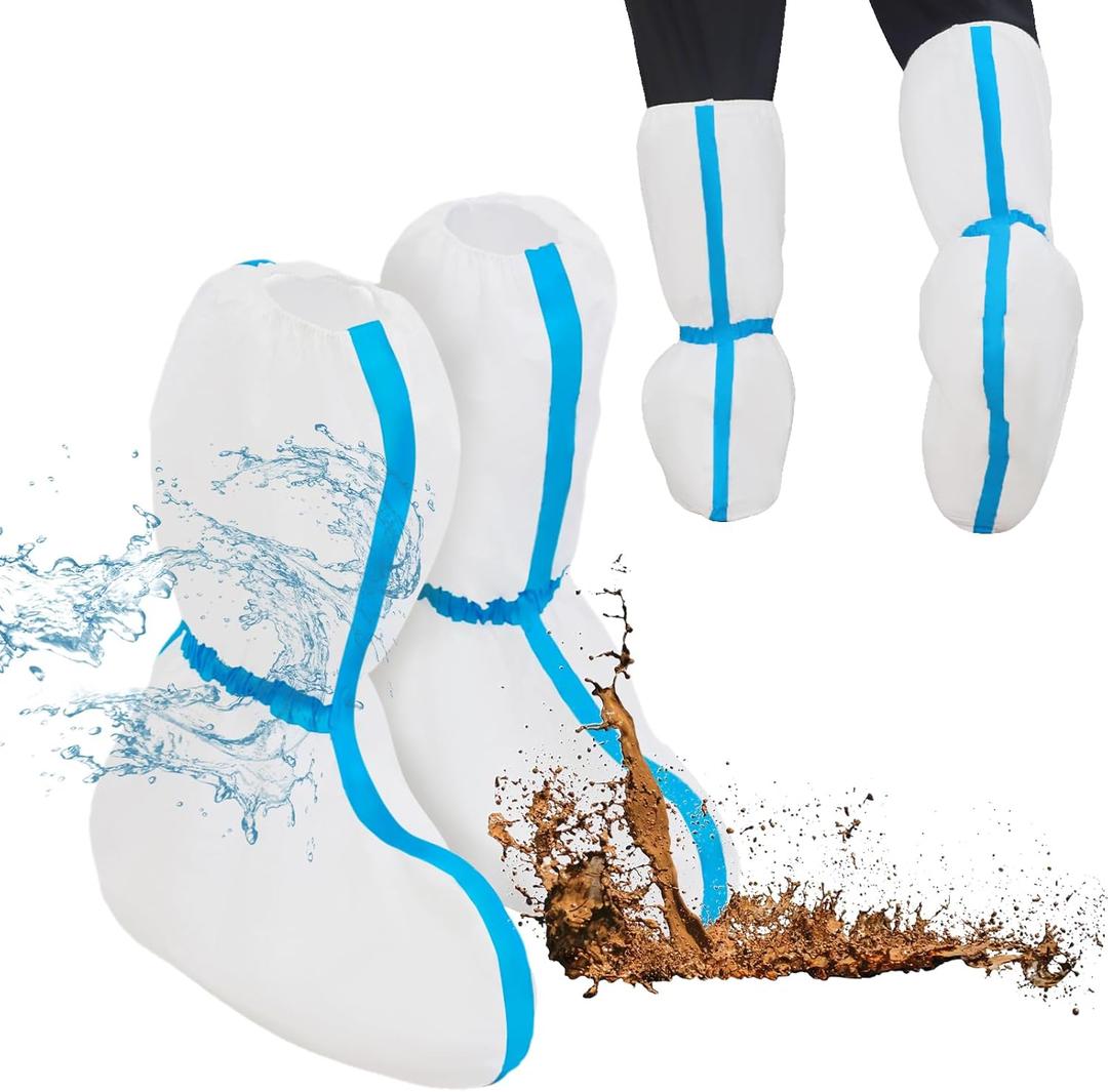 ETERNA 10 Pairs Boot Covers Disposable, Waterproof Shoe Covers, 19 inch Extra-Tall, One Size Fits Most, Splash-Resistant Shoes covers for Rain,Hazmat, Factory Workshop Lab Lawn Outdoor (White)