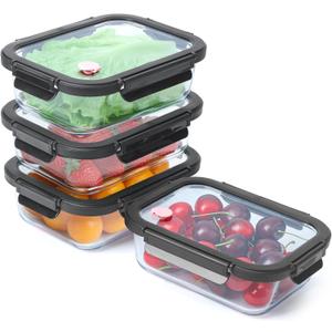 4 Pack Borosilicate Glass Meal Prep Containers, Glass Food Storage Containers with Tempered lids, 35.2oz/4.4 Cup Airtight Leak-Proof Glass Lunch Containers for Microwave Freezer Safe (Black)