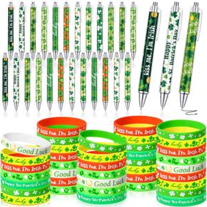 Gersoniel 72 Pcs St Patricks Day Party Favors Accessories St Patrick's Day Pens and Bracelets Gifts Bulk Green Shamrock Wristbands Lucky Clover Pens for Irish Party Goodie Bag Stuffers Office Supplies