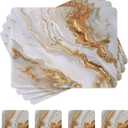 fanquare Hard Cork Placemats and Coasters Set of 4 with Marble Pattern Design Easy to Clean Abstract Artistic Placemat for Dining Table Dcor, Gold Sand (Rectangular, White)