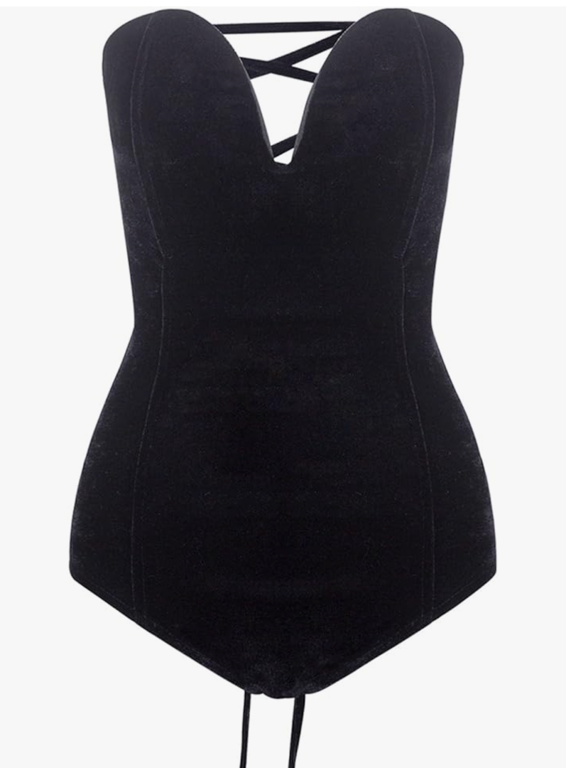Women Strapless Velvet Bodysuit Back Lace Up Jumpsuit,Sexy Bodysuit Top Playboy Bunny Halloween Costume (L)