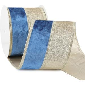 Navy Blue Velvet Wired Christmas Ribbon 4 Inch Extra Wide Thick Blue and Gold Glitter Holiday Ribbon  10-Yards Roll for Tree Decorations, Gift Wrapping, Wreaths, and DIY Crafts