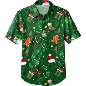 Ithalt Christmas Shirts for Kids Boys Girls Christmas Button Down Short Sleeve Blouse Xmas Gift Tees (6-7 Years, Bgreen1)