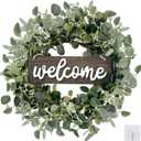 Sggvecsy Green Eucalyptus Leaf Wreath with Welcome Sign 20in Artificial Eucalyptus Wreath Spring Summer Wreath for Front Door Wall Window Farmhouse Festival Porch Patio Garden Decor