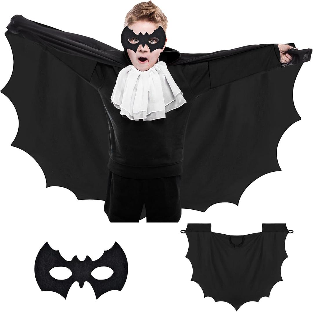 Bat Costume Mask 2-Piece, Bat wings Vampire Costume, Vampirina Cape, Black Halloween Costume for Children Aged 3-13 Years, Carnival (43.3in/31.5in)
