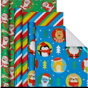 Christmas Foil Wrapping Paper with Cut Lines on Reverse 3 Rolls Pack - Dancing Santa Claus, Colorful Stripes and Assorted Christmas Characters - Holiday Wrapping Paper Bundle, 24 Inch X 144