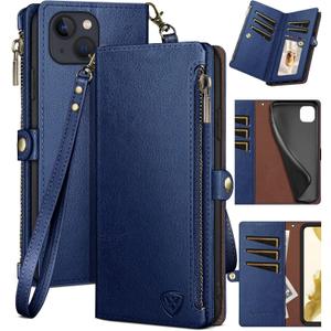XcaseBar for iPhone 13 6.1" Wallet case with Zipper Credit Card HolderRFID Blocking, Flip Folio Book PU Leather Phone case Shockproof Cover Women Men for Apple 13 case Blue