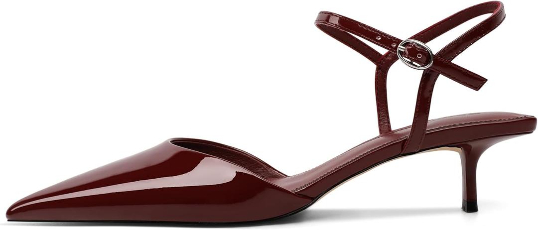 SAMMITOP Kitten Heels for Women Pointed Toe Ankle Strap Low Heel Pumps Shoes Dressy 1.5 Inches (7, Burgundy)