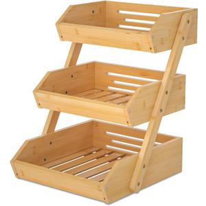 Merysen Large 3 Tier Bamboo Fruit Basket Stand for Kitchen Countertop Fruit Holder Suitable for Bread, Vegetables, Produce, Home Storage and Display