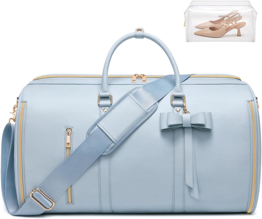 Travel Duffel Bag, Convertible Travel Garment Bag for Women, Fashion & Cute Carry On Duffle Bag w/Shoes Pouch, 2 in 1 Foldable PU Leather Hanging Duffle Bag, Single-Zipper Design, Blue