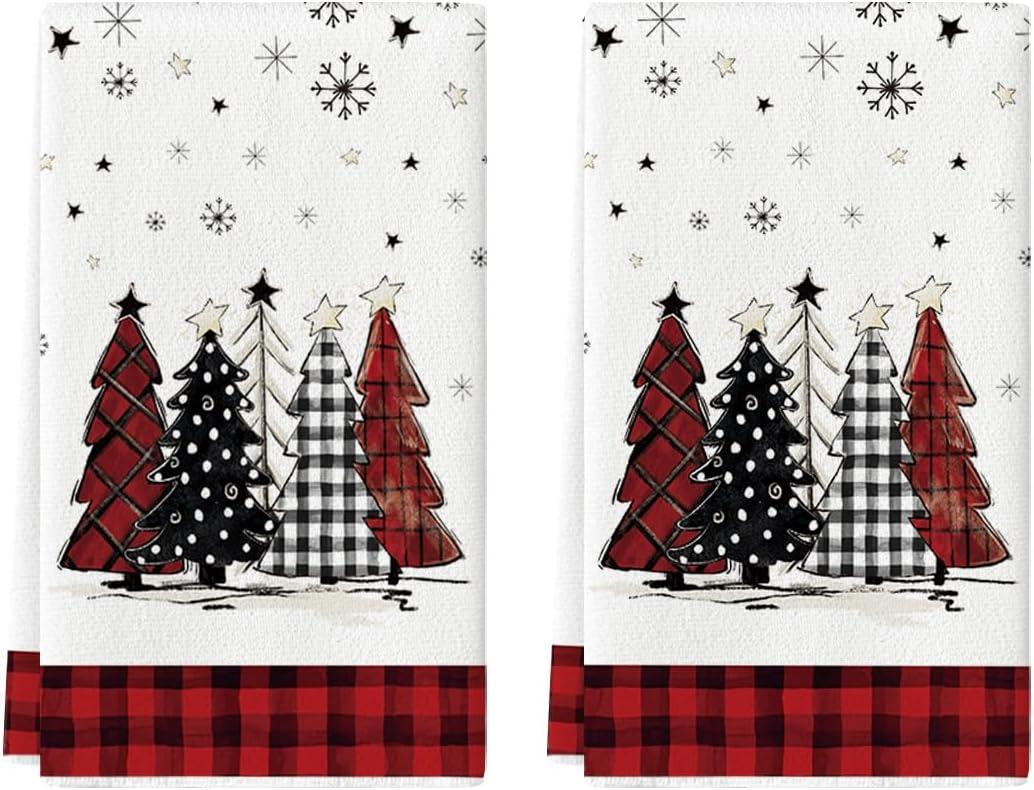 Artoid Mode Red Black Xmas Trees Christmas Kitchen Towels Dish Towels, 18x26 Inch Daily Buffalo Plaid Winter Decoration Hand Towels Set of 2