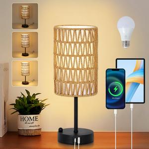 Touch Table Lamp For Bedroom with Bulb, Boho Small Desk Lamp For Living Room With Rattan & Linen Shade, 3 Way Dimmable Bedside Table Lamp For Nightstand With USB Charging Port & Phone Stand For Office (Black)