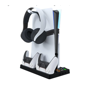 for PS5 Pro/PS5 Slim Cooling Stand Dock with Dual Controllers Charging Station, for P5 Pro Disc & Digital Console Bracket Base 3 Speed Cooling Fan Organizer with Headphone Hanger (Black)