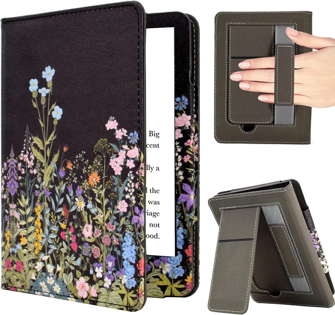 Case for 6" Kindle Paperwhite (10th/7th/6th/5th Generation, 2012-2018 Release), Premium PU Leather Cute Cover Case with Foldable Stand, Hand Strap, Card Slot, Auto Sleep/Wake - Flowers