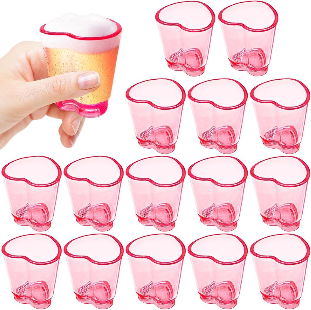 16 PCS Plastic Beer Mugs,1.5 oz Pink Shot Glass, Cute Heart Shot Glasses, Reusable Beer Stein Tasting Glasses Juice Cups for Drinking Beer