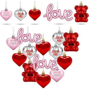 16pcs Valentines Day Decorations Heart Ornaments for Tree Romantic Hanging Ornaments for Christmas Tree Bear Heart Shaped Valentines Decor for Wedding Xmas Valentine Anniversary