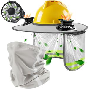 Hardhat Sun Shade Kit, Hard Hat Visor Sun Shade Full Brim with Solar Fans and Neck Gaiter, Hard Hat Sun Shield with Reflective Strip for Construction Workers Outdoor Summer Protection (Grey), 19.5"*8.6"