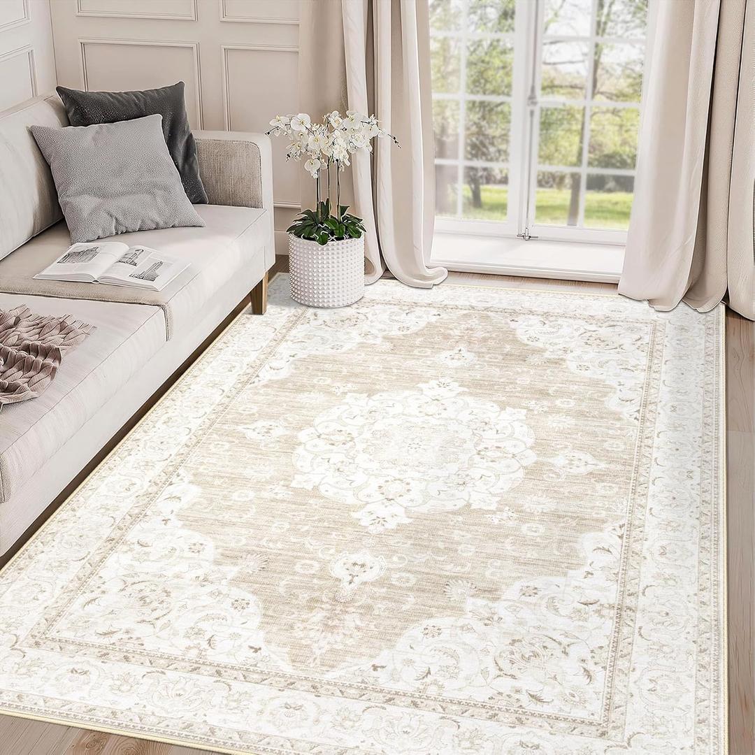 Area Rug 4x6 Entryway Rug - Machine Washable Vintage Boho Area Rug Non-Slip Bedroom Rug Soft Stain Resistant Living Room Carpet, Oriental Distressed Rug for Dining Room Nursery(Boho Beige, 4'x6') (6' x 4' (Rectangular))