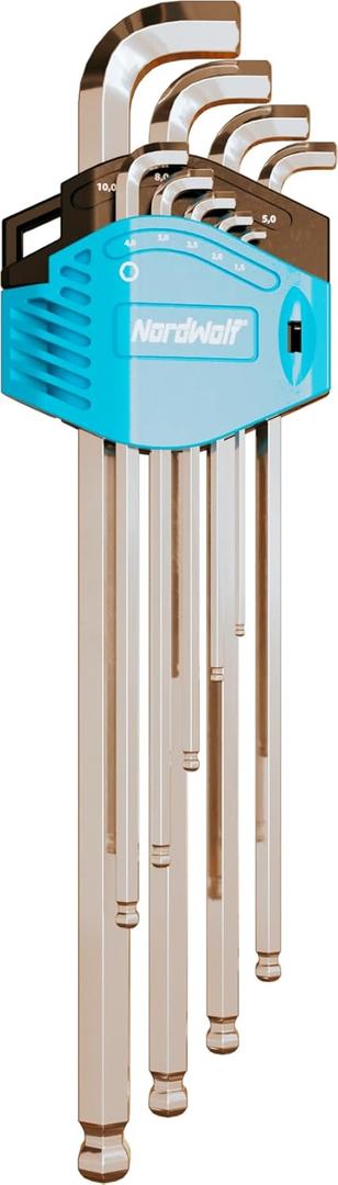 NordWolf 9-Piece Metric Stubby Allen Wrench Set, S2 Steel Long Arm Ball End Hex L-Keys, Sizes 1.5mm to 10mm