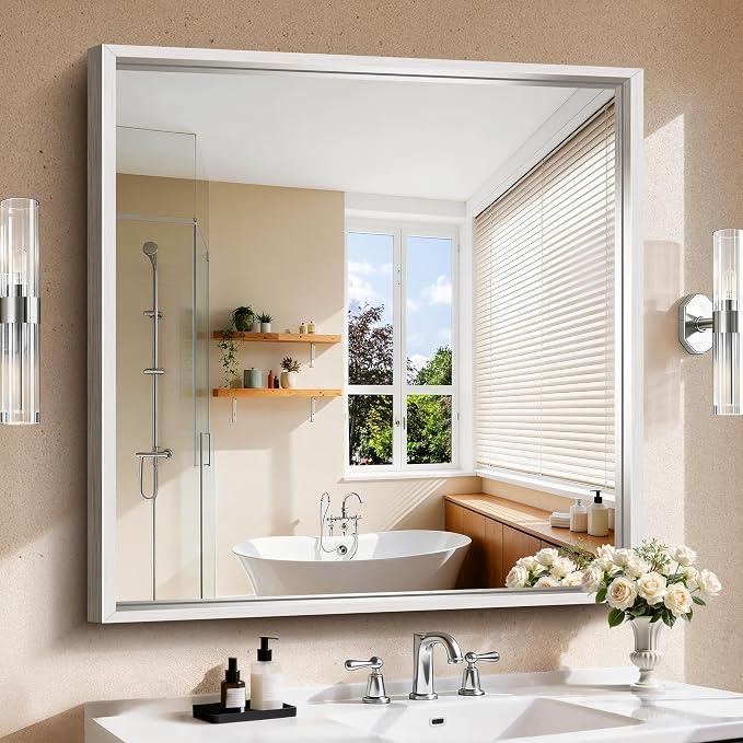 Brushed Silver Bathroom Mirror, Square Mirror for Vanity Chunky Box Metal Frame, Shatterproof, Tempered Glass, Bathroom Remodel&New Home,Wall Mirror for Over Sink,Living Room, Hallway 40x40