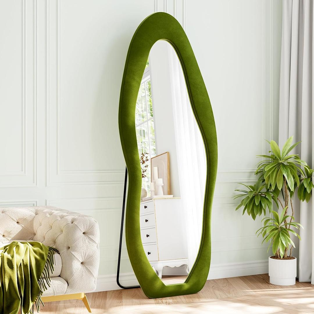 Full Length Mirror, 63"x24" Full Body Mirrors, Flannel Floor Mirrors with Stand, Irregular Wavy Mirror Hanging or Leaning Against Wall for Bedroom Living Room, Green