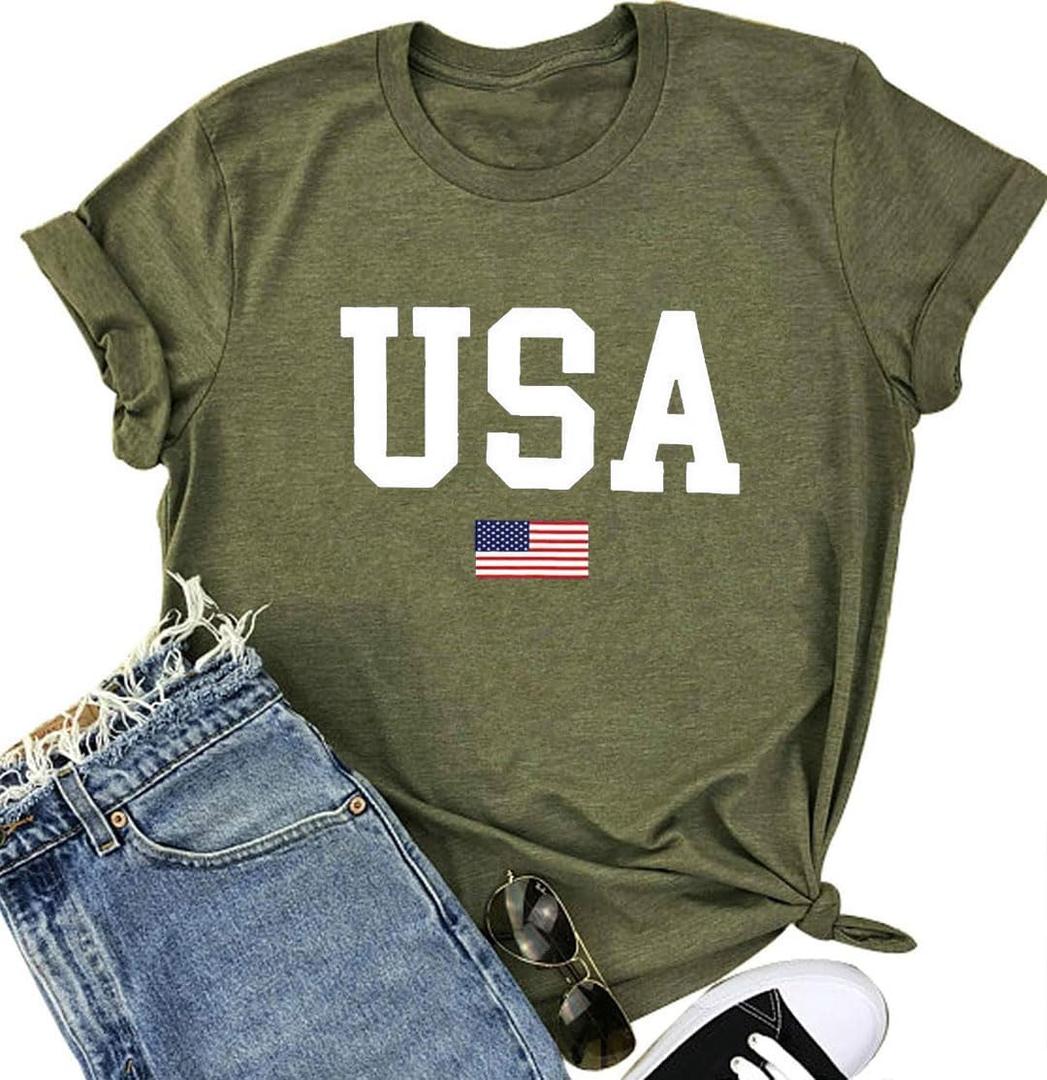USA Flag Tee Shirt for Women 4th of July Memorial Day Gift T Shirt Casual Short Sleeve American Proud T-Shirt Tops (Small, Army Green)