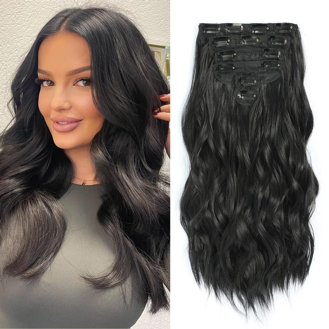 Clip in Black Hair Extensions for Women, 6 PCS Natural Black Hair Extensions, Thick Hairpieces Double Weft Wavy Hairpieces, Soft Hair & Blends Well, Long Wavy (20inch, 6pcs, Natural Black)