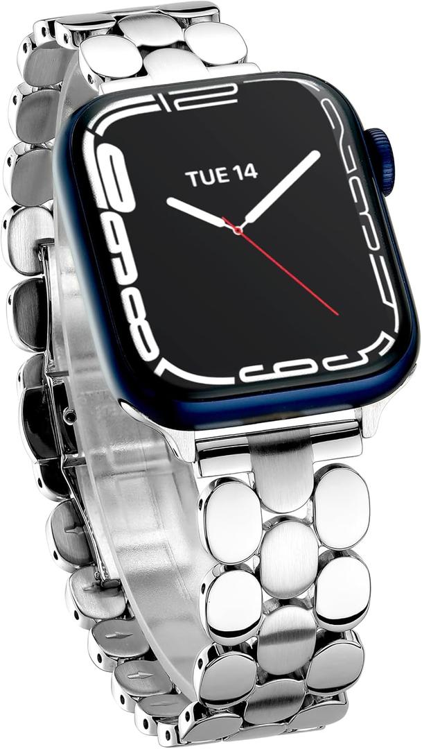 Designer Band for Apple Watch 40mm 41mm 42mm 38mm 44mm 45mm 46mm 49mm for Women, Stainless Steel Dressy Bands Compatible with Apple Watch Series 11,10,Se,9,8,7,6,5,4,3,2,1 for iWatch (Silver - Shiny & Brushed)