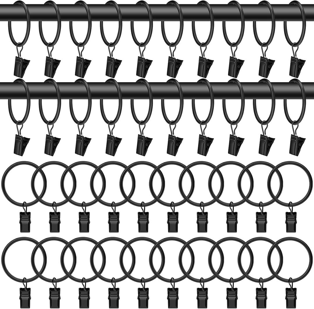 40 PCS Metal Curtain Rings with Clips, Black Drapery Rings for Hanging, Curtain Clips 1.26" Interior Diameter