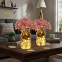 4 Sets Mason Jar with Lights Pink Hydrangea Decorative Pink Centerpieces for Tables Mason Jars Flowers Decorations LED Farmhouse Vase for Home Wedding Event Party Decor