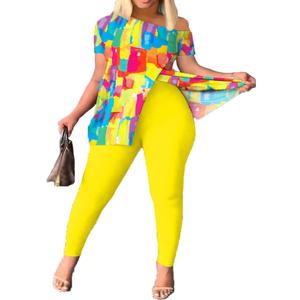 BDAILKA 2 Piece Outfits for Women Casual 2 Piece Outfits Off Shoulder Sets Pants Suit for Women (Yellow,XXL)