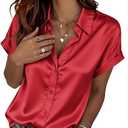 Satin Blouses for Women Silk Button Down Shirts Short Sleeve Tops Work Business Casual Summer Outfits, Medium 