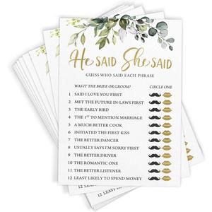 Printed Party Bridal Shower Games  He Said She Said Game with Fun Bride and Groom Trivia, Wedding Shower Activity, Botanical Eucalyptus Theme, 50 Guests