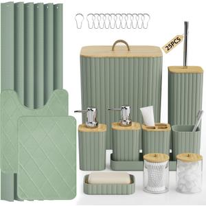 Bathroom Accessory Set - 25PC Bathroom Sets with Shower Curtain and Rugs, Sage Green Bathroom Set, Bathroom Accessories Set, Shower Curtain Sets with Rugs, Bathroom Trash Can & Soap Dispenser