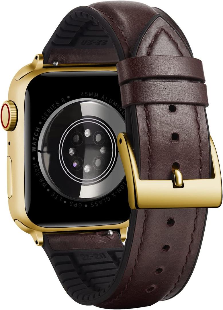 BINLUN Compatible with Apple Watch Band 42mm 44mm 45mm 46mm 49mm Oil Wax Leather and Silicone Hybrid Replacement Strap Fit for iWatch Ultra Ultra2 SE SE2 Series 11/10/9/8/7/6/5/4/3/2/1(Brown)