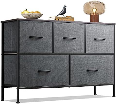WLIVE Dresser for Bedroom with 5 Drawers, Long Storage Tower Organizer Unit, Fabric Dresser, Storage Drawer Unit with Fabric Bins for Closet, Hallway, Dark Grey, Size L