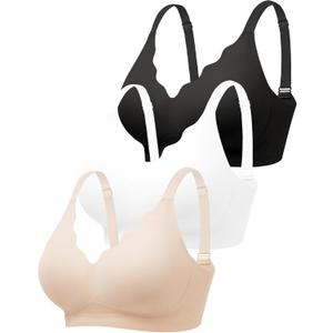 Cuteio Wireless Bras for Women No Underwire with Support - 3 PCS Seamless Bralettes Everyday Full Coverage Comfort T-shirt Padded Bra Skin, Black Black+Nude+White, Medium