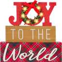 Christmas Decorations Indoor LED Lighted JOY Sign Wooden Merry Christmas Signs Farmhouse Wreath Block Rustic Holiday Decor Tabletop for Home, Tiered Tray, Shelf, Mantel