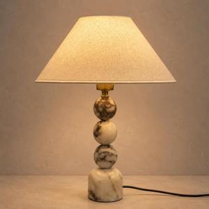 Calacatta Marble Table Lamp with Pleated Linen Shade,16.9" Stone Lamp