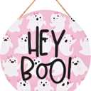 Pink Halloween Hey Boo Door Decor, 3D Pink Ghost Wood Welcome Sign for Front Porch, Halloween Wreath for Little Boo Baby Shower, Playhouse