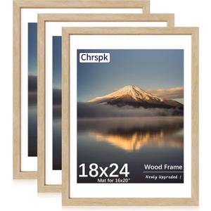 18X24 Poster Frame, Display Pictures 16X20 with Mat or 18X24 without, Wall Hanging Frames, Natural Oak, 3 Pack