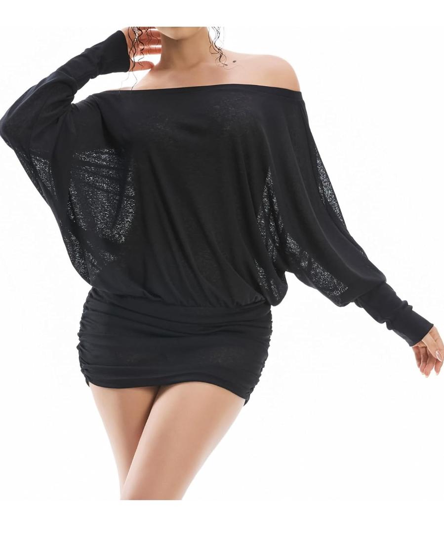 Women's Off The Shoulder Dress Long Sleeve Batwing Mini Ruched Sheer Y2K Oversized Casual Streetwear Sexy Dress
Size M