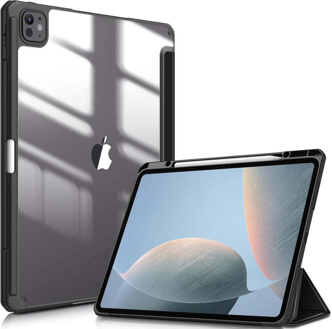 Slim Case for iPad Pro 13-inch (M5) 2025 / (M4) 2024, [Built-in Pencil Holder] Shockproof Cover with Clear Transparent Back Shell, Auto Wake/Sleep, Black
