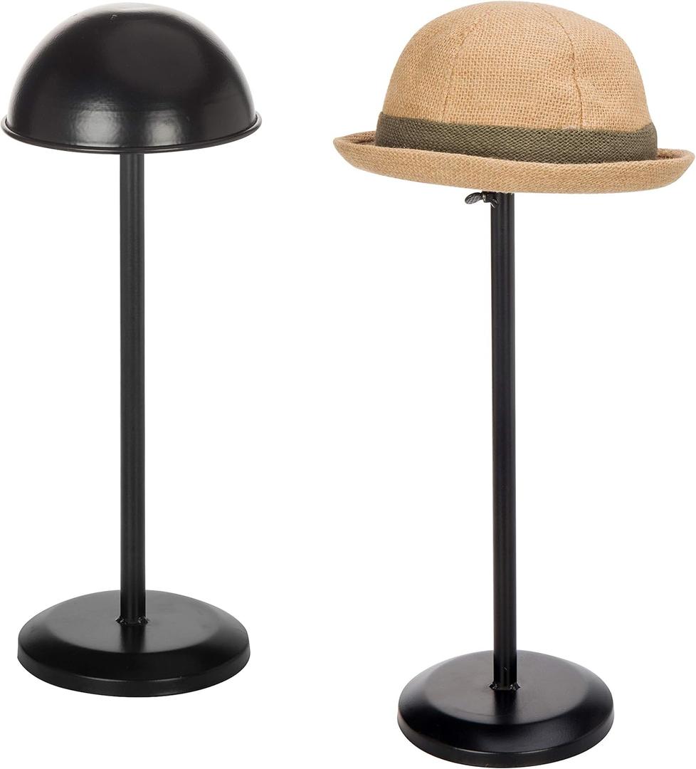 MyGift Black Metal Freestanding Wig Holder and Hat Rack Stand with Dome Shape and Adjustable Height, Set of 2