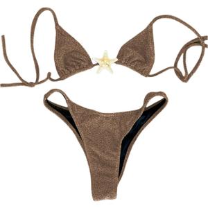 SOLY HUX Women's Sexy Halter Triangle Bikini Set Tie String Swimsuit High Cut Thong Two Piece Bathing Suit (Brown, M)